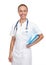 She has a great bedside manner. Studio shot of a young nurse holding a blue folder.