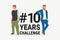 Hashtag 10 years chllenge concept flat vector illustration of young men standing near letters comparing the appearance