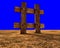Hashtag Icon made of wood - old wooden hashtag icon at sunset on floor of clay and stones with blue background. 3D illustration