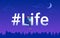 Hashtag life gradient concept vector illustrationn of young man using smartphone sitting on letters life