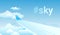 Hashtag sky bright gradient vector illustration of cloudscape and aircraft wing flying above fluffy clouds