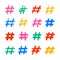 Hashtags, vector color tag icons on white background. Hand Drawn vector illustration.