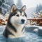 haski dog in a jacuzzi outdoors in winter, blure bokeh winter nature background. ai generative