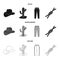 Hat, cactus, jeans, knot on the lasso. Rodeo set collection icons in black,monochrome,outline style vector symbol stock