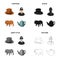 Hat is a cylinder, a policeman, an English bulldog, a kettle. England set collection icons in cartoon black monochrome
