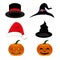 Hat Holiday Set. Magician, Witch, Santa, Pumpkin Halloween Hat isolated on White Background. Vector Illustration.