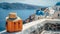 A hat and orange suitcase on ledge overlooking ocean with blue sky, AI