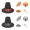 Hat of a pilgrim, oak leaf, gift in a box, fried turkey. Canada thanksgiving day set collection icons in cartoon
