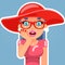 Hat Pop Art Sale Cute Surprised Female Girl Woman Hand Palm Face Cartoon Character Flat Design Vector Illustration