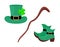 Hat, shoes and walking stick of leprechaun. Accessories set isolated. Saint Patricks Day holiday elements. Vector flat