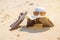 Hat and Sunglass on Timber the beach Relax Summer Vacation Holiday Concept Toned