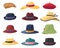 Hats and headgears. Stylish summer male and female headwear, vintage classic and modern hats, clothes accessory colorful