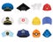 Hats and helmets of different professions. A set of twelve items.
