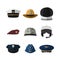 Hats and helmets. Headgear of soldier, aviator, policeman and captain. Icon of cap in flat style