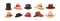 Hats set. Head accessories, wearing in classic, old, farmer, straw, cowboy styles. Male and female headwear collection