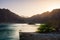 Hatta Dam Lake panorama at sunset, Dubai, UAE