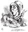 Hatter engaging in rhetoric, Alice in Wonderland original vintage engraving