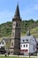 Hatzenport, Germany - 05 18 2020: ferry tower with houses and steep vineyards, FÃ¤hrturm