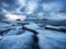 Haukland beach, Lofoten islands, Norway. Landscape with long exposure shot. Mountains, beach and clouds. Winter landscape near the