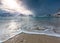 Haukland beach in winter with waves, amazing mountains around, Lofoten