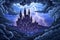 A haunted castle with ominous clouds and lightning in the background Creepy view of dark mystery castle Gothic castle at night