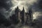 A haunted castle with ominous clouds and lightning in the background Creepy view of dark mystery castle Gothic castle at night