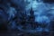 A haunted castle with ominous clouds and lightning in the background Creepy view of dark mystery castle Gothic castle at night