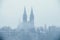 Haunted church - Old Vysehrad Basilica of saint Peter and Pavel covered in fog during foggy day