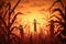 A haunted cornfield with scarecrows and eerie lighting, creating a spooky atmosphere