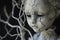 A haunted doll with cracked porcelain and a ghostly presence Old mystical scary horror doll