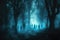 A haunted forest with eerie lighting and silhouettes of creepy creatures