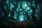 A haunted forest with gnarled trees and glowing, spectral orbs hovering in the mist