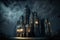 Haunted Gothic castle at night, old citadel on dramatic sky background, generative AI