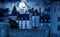 Haunted Gothic castle at night, old spooky house in full moon