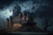 Haunted Gothic castle at night, old spooky mansion on Halloween, generative AI