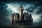 Haunted Gothic castle at night, old spooky mansion under dramatic sky, generative AI