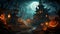 Haunted halloween abandoned houses, jack-o\\\'-lanterns, and a full moon create a ghostly scene