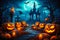 Haunted Halloween Background: Pumpkins and Castle in the Night