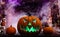 Haunted Halloween Fireplace theme with lights pumpkins and cobwebs, smoke background