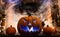 Haunted Halloween Fireplace theme with lights pumpkins and cobwebs, smoke background