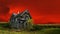 Haunted halloween house, scary home, red sky