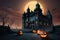 Haunted Halloween: A spooky border featuring a haunted mansion as the eerie centerpiece with Generative AI