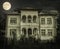 Haunted house with dark horror atmosphere and full moon. Creepy old mansion at night. Spooky scene like in frightening movies. Sty