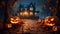 Haunted house decorated with spooky jack o\\\'lantern carved pumkins and scarry tree.