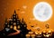 Haunted house and full moon with pumpkin and ghost,Halloween night background