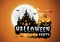 haunted house and full moon with pumpkins and ghost,party happy Halloween night background