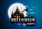 Haunted house and full moon with witch and ghost,Halloween night