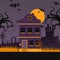 Haunted house on halloween night, vector illustration. Flat style scene with spooky abandoned house, flying bats fool