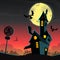 Haunted house on night background with a full moon behind. Vector Halloween background