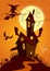 Haunted house on night background with a full moon behind. Vector Halloween background